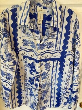 Joie White & Blue Linen Floral-Print Button Down Shirt